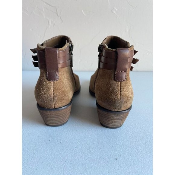 Clarks Size 6 Cognac Brown Leather Suede Ankle Booties Burnished Toe Block Heel - Picture 6 of 7